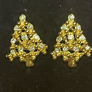 Christmas Tree with Crystals Gold Tone Stud Earrings